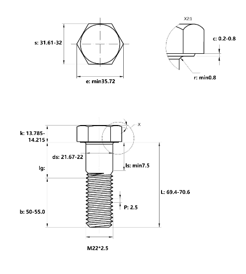 Bulong Thép Đen 8.8 DIN931 M22x70 Ren Lửng_drawing