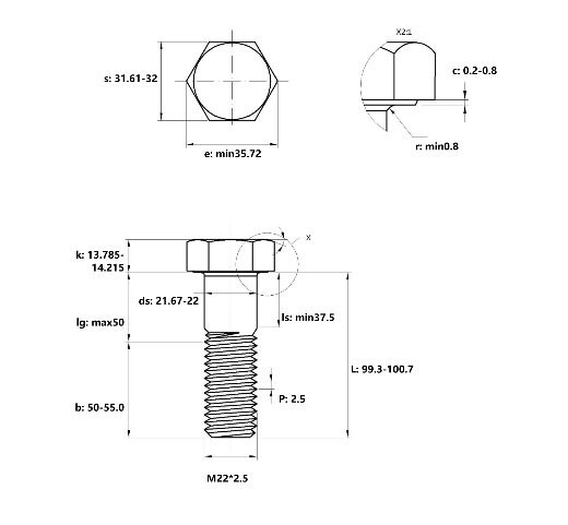 Bulong Thép Đen 8.8 DIN931 M22x100 Ren Lửng_drawing