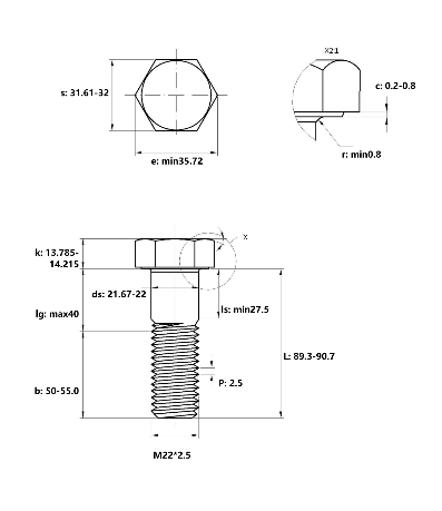 Bulong Thép Đen 8.8 DIN931 M22x90 Ren Lửng_drawing