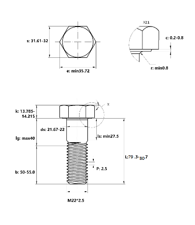Bulong Thép Đen 8.8 DIN931 M22x80 Ren Lửng_drawing