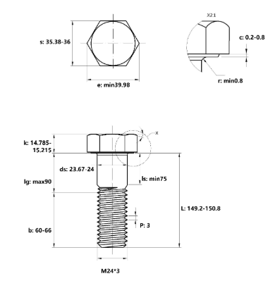 Bulong Thép Đen 8.8 DIN931 M24x150 Ren Lửng_drawing