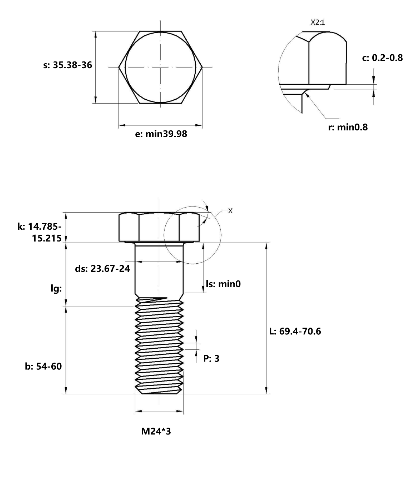 Bulong Thép Đen 8.8 DIN931 M24x70 Ren Lửng_drawing