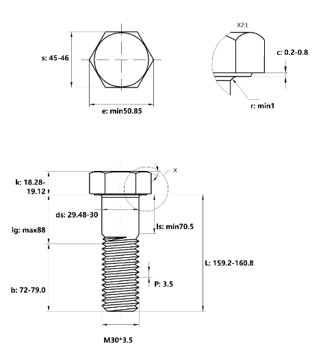 Bulong Nhúng Nóng 8.8 DIN931 M30x160 Ren Lửng_drawing