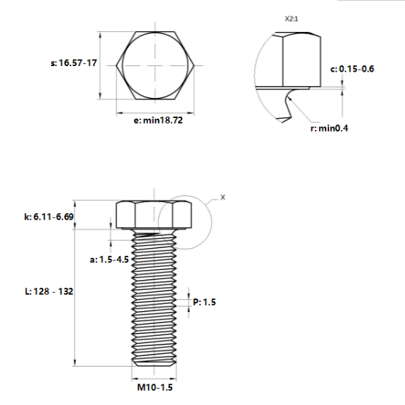 Bulong Mạ Kẽm Trắng Cr3+ 8.8 DIN933 M10x130_drawing
