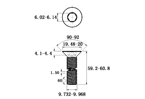 Lục Giác Chìm Col Thép Mạ Kẽm Trắng Cr3+ 10.9 DIN7991 M10x60_drawing