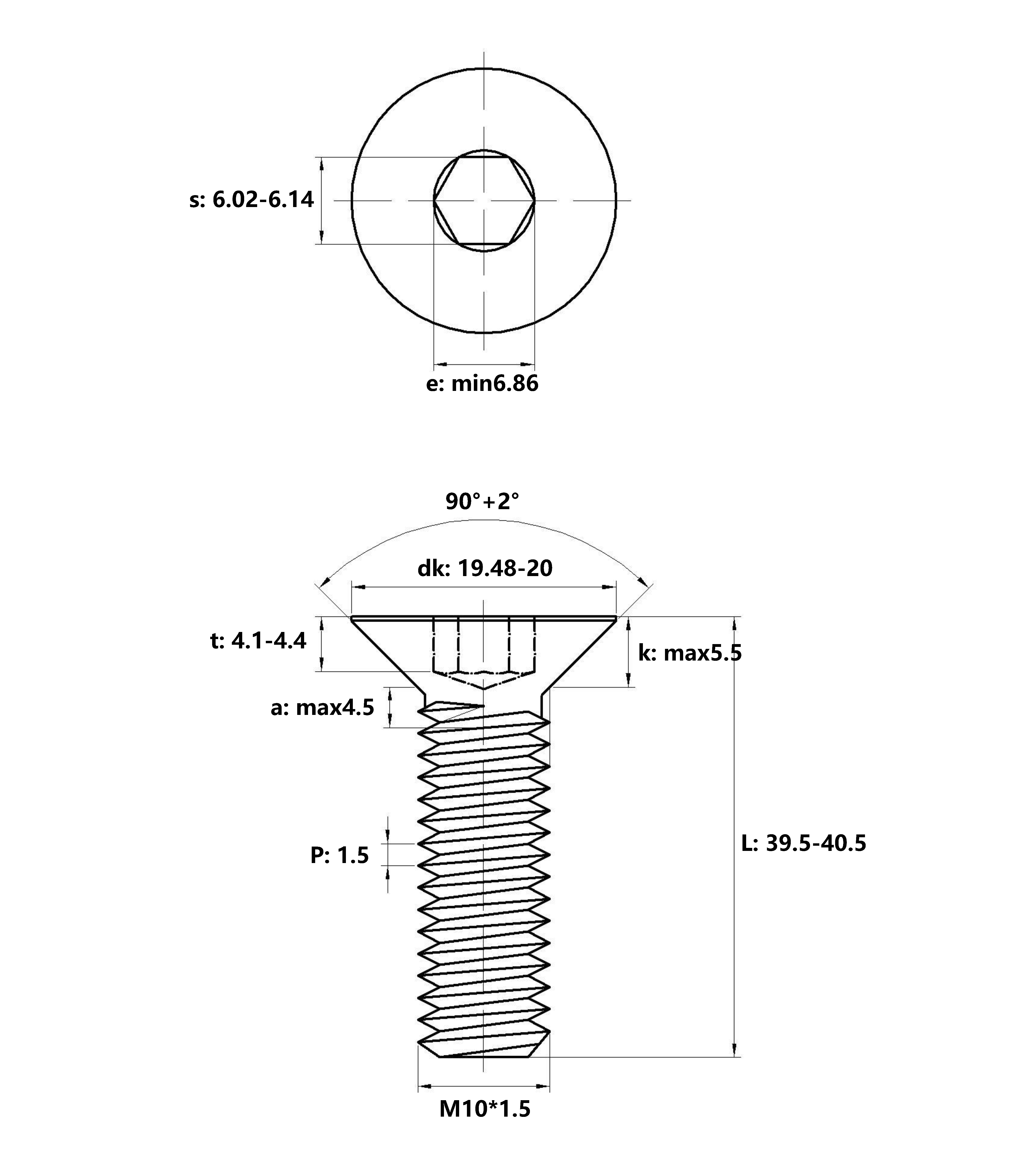 Lục Giác Chìm Col Thép Đen 10.9 DIN7991 M10x40 (25Cái/Bịch)_drawing