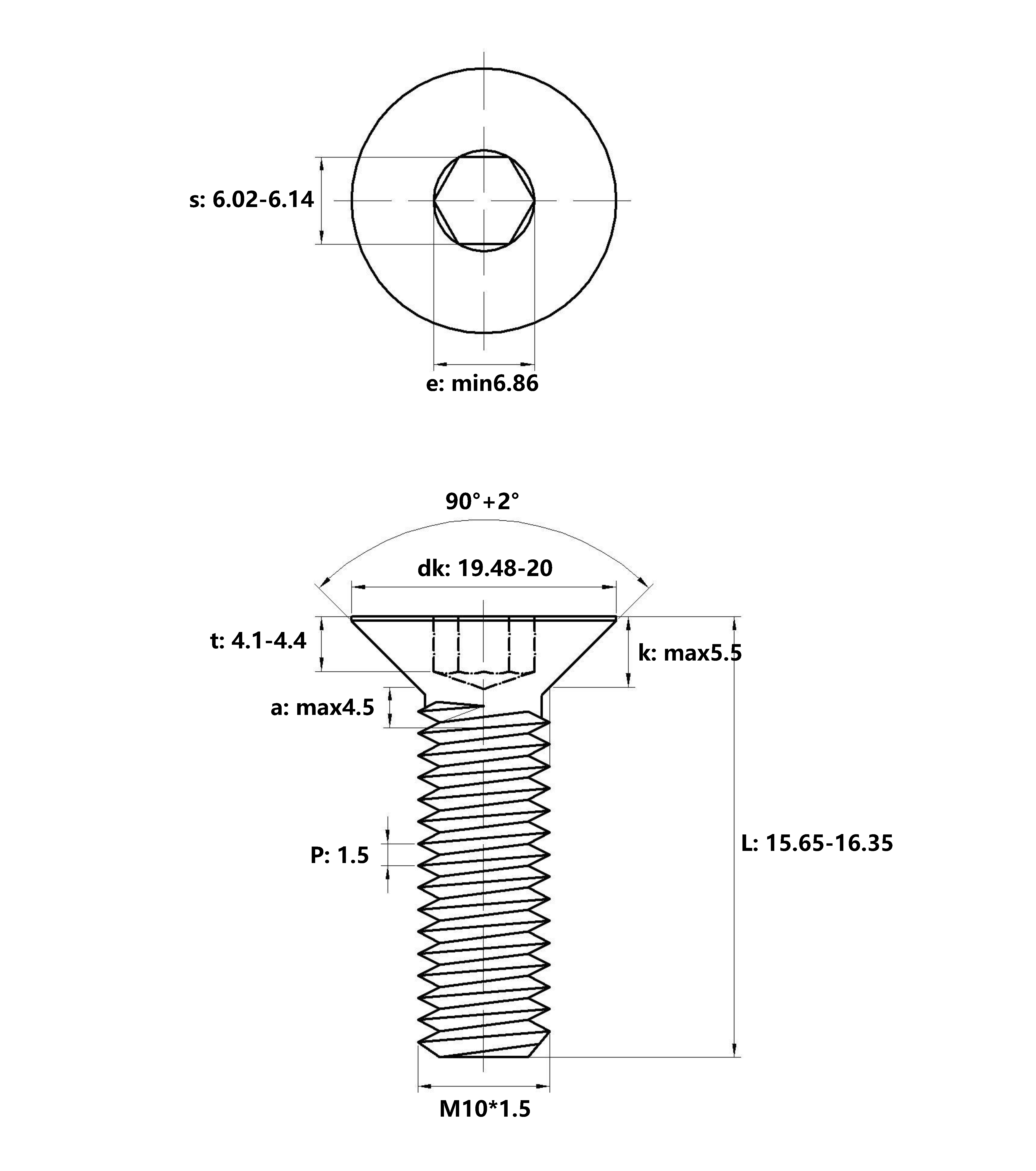 Lục Giác Chìm Col Thép Đen 10.9 DIN7991 M10x16 (25Cái/Bịch)_drawing