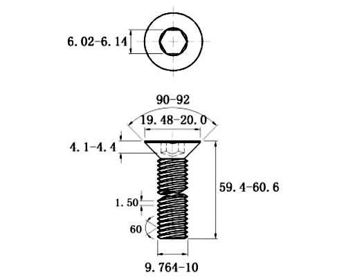 Lục Giác Chìm Col Thép Đen 10.9 DIN7991 M10x60_drawing