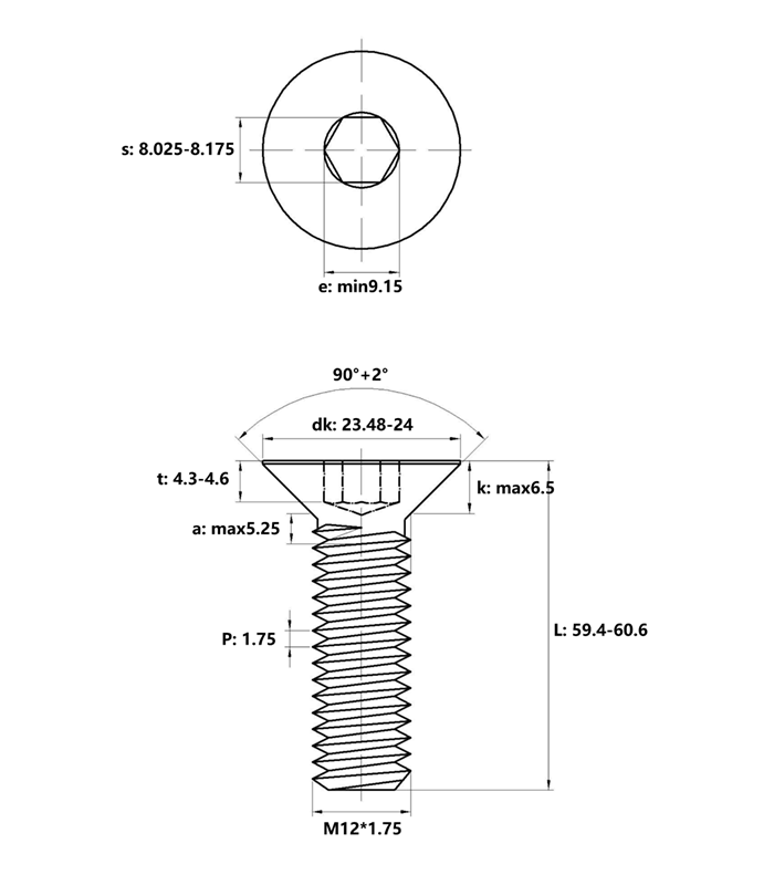 Lục Giác Chìm Col Thép Mạ Kẽm Trắng Cr3+ 10.9 DIN7991 M12x60_drawing