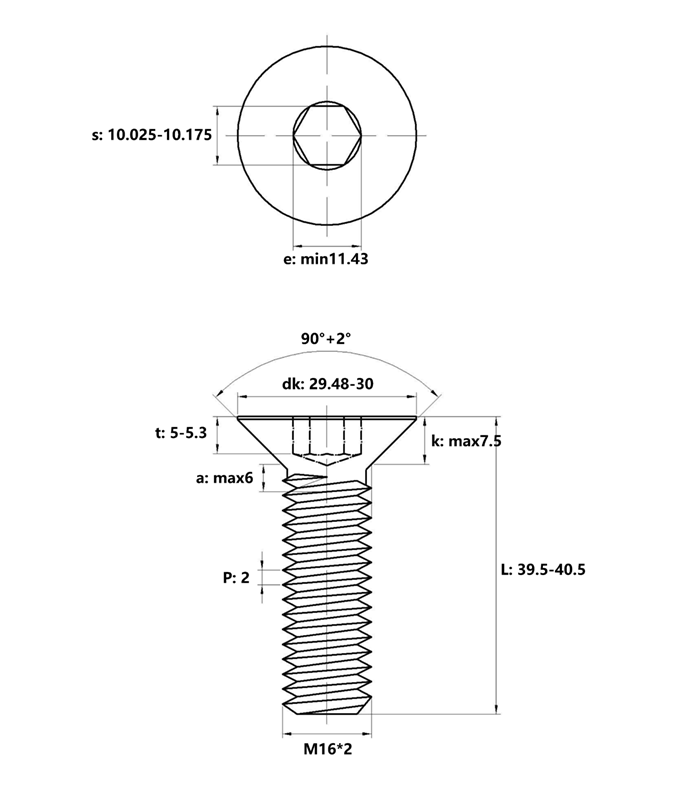 Lục Giác Chìm Col Thép Đen 10.9 DIN7991 M16x40_drawing