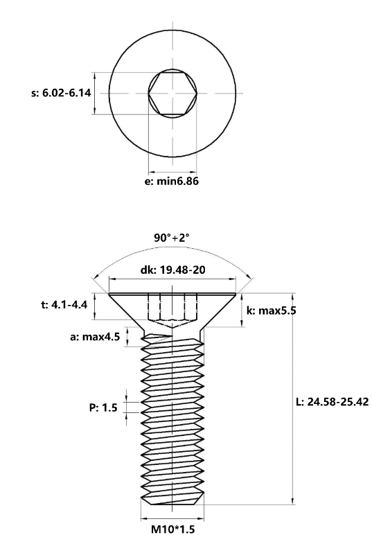 Lục Giác Chìm Col Thép Mạ Kẽm Trắng Cr3+ 10.9 DIN7991 M10x25 (25Cái/Bịch)_drawing