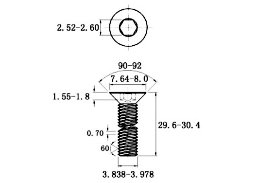 Lục Giác Chìm Col Thép Mạ Kẽm Trắng Cr3+ 10.9 DIN7991 M4x30 (50Cái/Bịch)_drawing