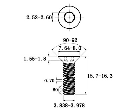 Lục Giác Chìm Col Thép Mạ Kẽm Trắng Cr3+ 10.9 DIN7991 M4x16 (50Cái/Bịch)_drawing