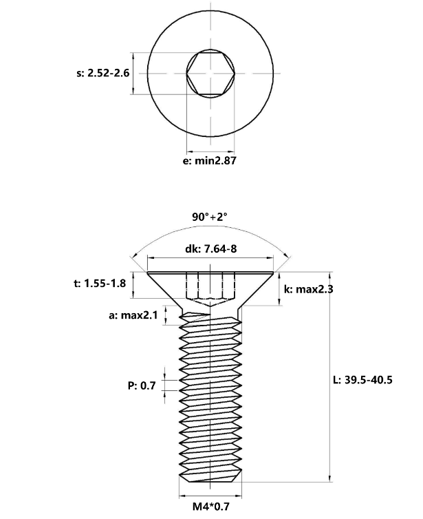 Lục Giác Chìm Col Thép Mạ Kẽm Trắng Cr3+ 10.9 DIN7991 M4x40_drawing