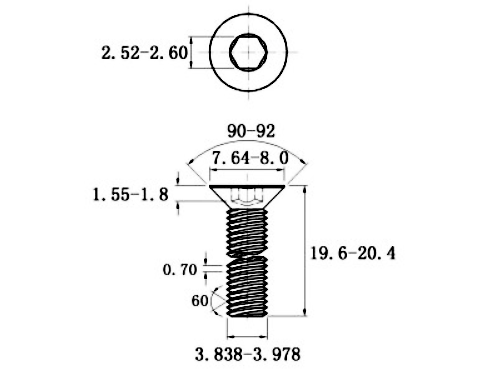 Lục Giác Chìm Col Thép Mạ Kẽm Trắng Cr3+ 10.9 DIN7991 M4x20_drawing