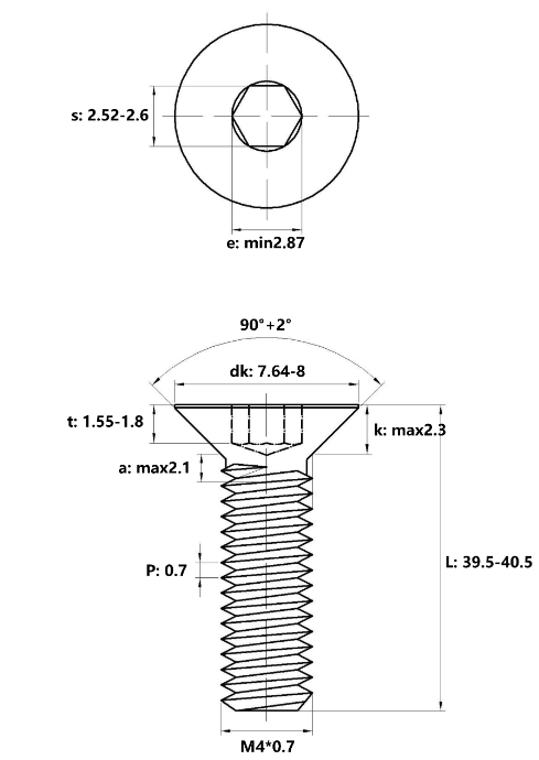 Lục Giác Chìm Col Thép Đen 10.9 DIN7991 M4x40 (50Cái/Bịch)_drawing