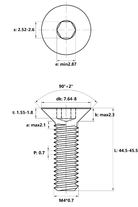 Lục Giác Chìm Col Thép Đen 10.9 DIN7991 M4x45_drawing