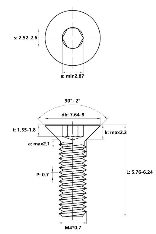 Lục Giác Chìm Col Thép Đen 10.9 DIN7991 M4x6_drawing
