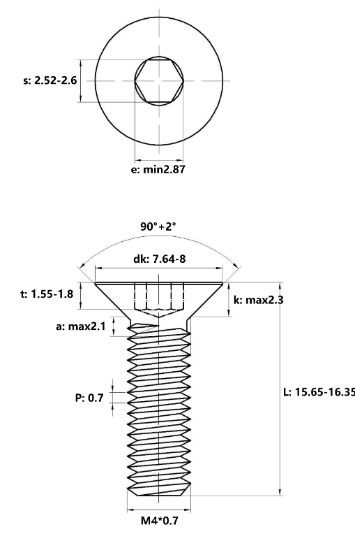 Lục Giác Chìm Col Thép Đen 10.9 DIN7991 M4x16_drawing