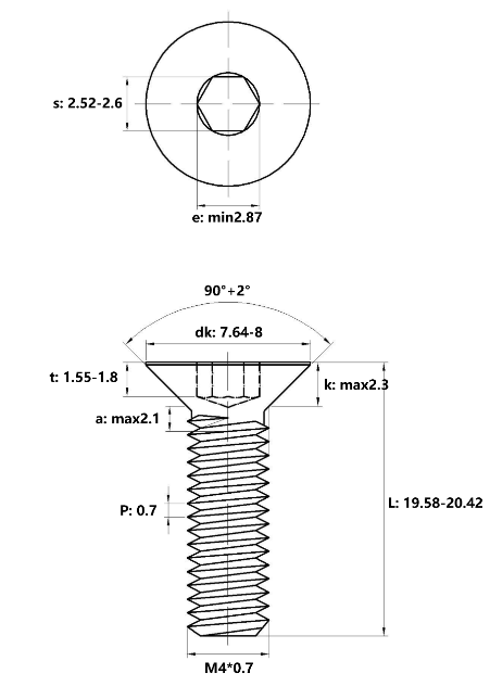 Lục Giác Chìm Col Thép Đen 10.9 DIN7991 M4x20_drawing