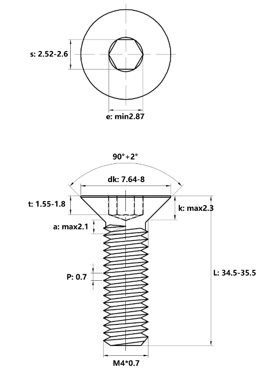 Lục Giác Chìm Col Thép Đen 10.9 DIN7991 M4x35_drawing