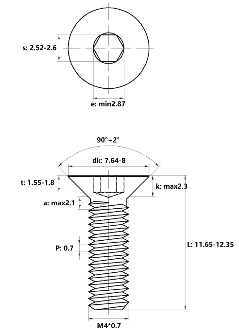 Lục Giác Chìm Col Thép Đen 10.9 DIN7991 M4x12_drawing