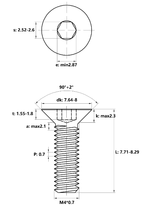 Lục Giác Chìm Col Thép Đen 10.9 DIN7991 M4x8_drawing
