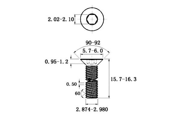 Lục Giác Chìm Col Thép Mạ Kẽm Trắng Cr3+ 10.9 DIN7991 M3x16_drawing