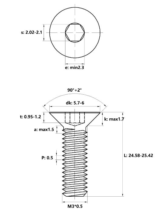 Lục Giác Chìm Col Thép Đen 12.9 DIN7991 M3x25 Ren Lửng (50Cái/Bịch)_drawing