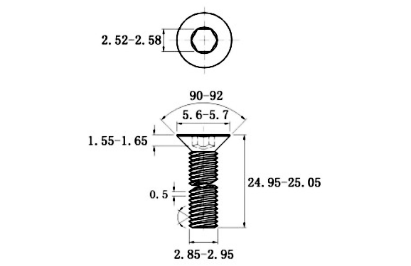 Lục Giác Chìm Col Thép Đen 10.9 DIN7991 M3x25_drawing