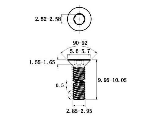 Lục Giác Chìm Col Thép Đen 10.9 DIN7991 M3x10_drawing