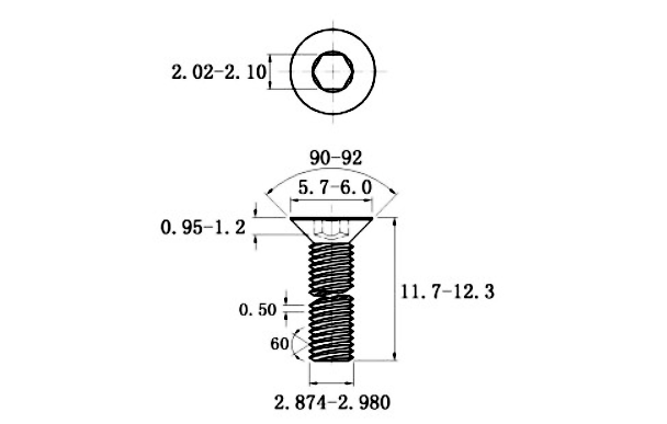 Lục Giác Chìm Col Thép Mạ Kẽm Trắng Cr3+ 10.9 DIN7991 M3x12_drawing