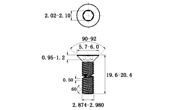 Lục Giác Chìm Col Thép Mạ Kẽm Trắng Cr3+ 10.9 DIN7991 M3x20_drawing