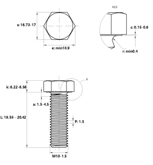 Bulong Mạ Kẽm Trắng Cr3+ 8.8 DIN933 M10x20_drawing
