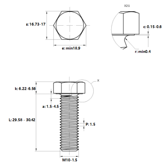 Bulong Mạ Kẽm 10.9 DIN933 M10x30_drawing