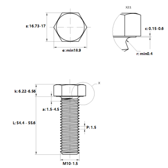 Bulong Mạ Kẽm Trắng Cr3+ 10.9 DIN933 M10x55_drawing