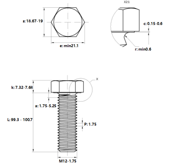 Bulong Mạ Kẽm 8.8 DIN933 M12x100_drawing