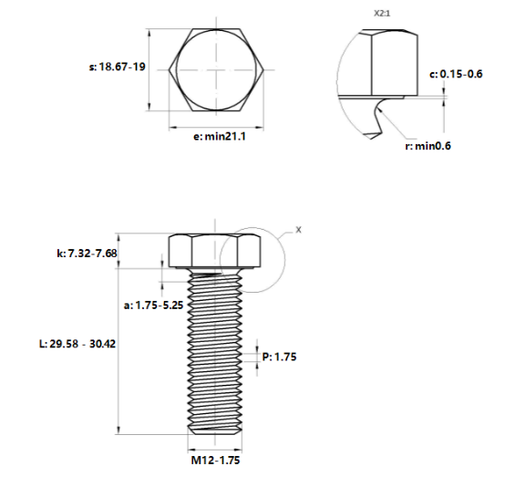 Bulong Mạ Kẽm Trắng Cr3+ 8.8 DIN933 M12x30_drawing