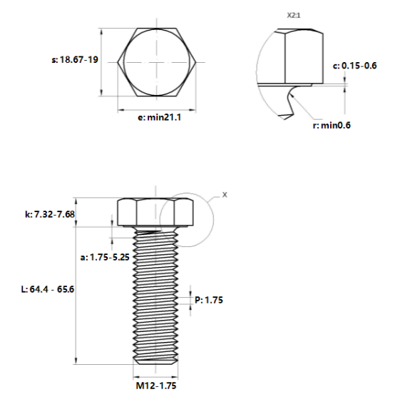 Bulong Mạ Kẽm Trắng Cr3+ 8.8 DIN933 M12x65_drawing