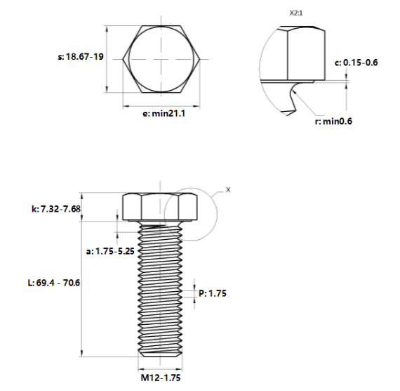 Bulong Mạ Kẽm Trắng Cr3+ 8.8 DIN933 M12x70_drawing
