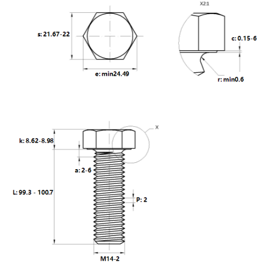 Bulong Mạ Kẽm Trắng Cr3+ 8.8 DIN933 M14x100_drawing