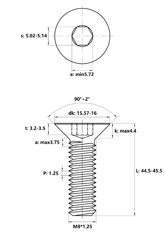 Lục Giác Chìm Col Thép Đen 10.9 DIN7991 M8x45_drawing