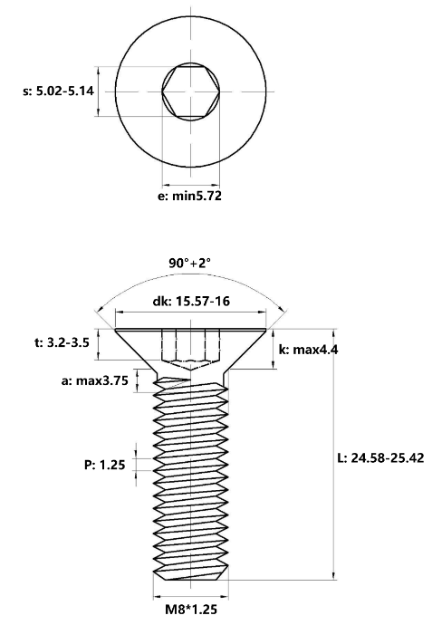 Lục Giác Chìm Col Thép Mạ Kẽm Trắng Cr3+ 10.9 DIN7991 M8x25 (25Cái/Bịch)_drawing