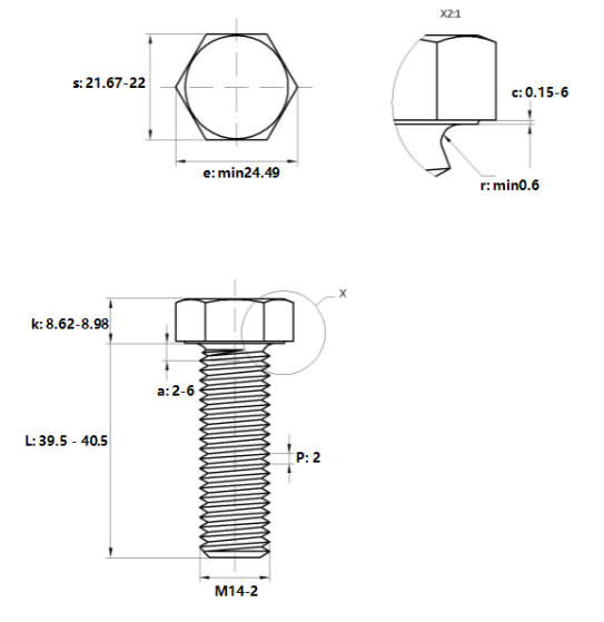 Bulong Mạ Kẽm 8.8 DIN933 M14x40_drawing