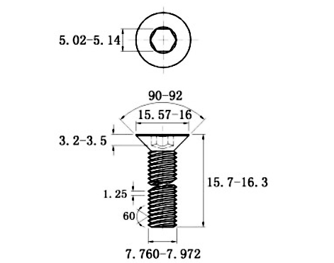 Lục Giác Chìm Col Thép Mạ Kẽm Trắng Cr3+ 10.9 DIN7991 M8x16_drawing
