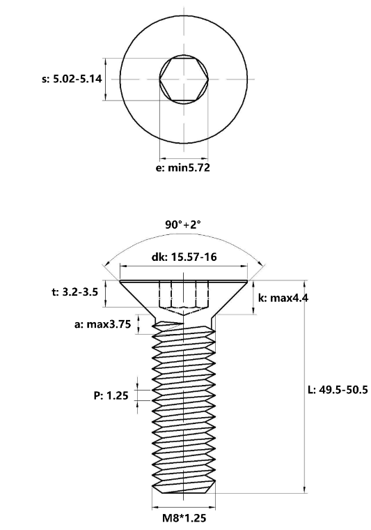 Lục Giác Chìm Col Thép Mạ Kẽm Trắng Cr3+ 10.9 DIN7991 M8x50_drawing