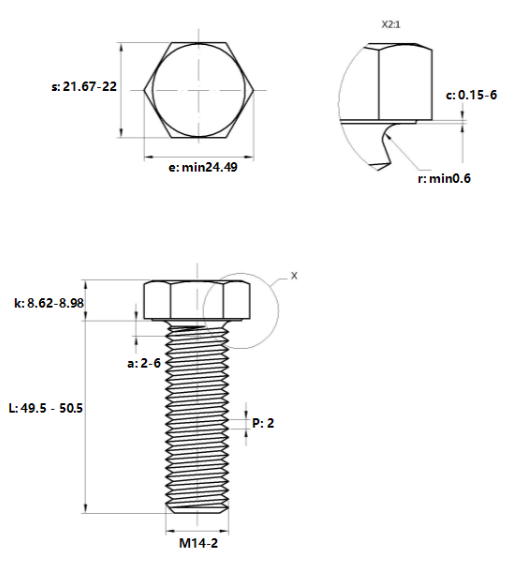 Bulong Mạ Kẽm Trắng Cr3+ 10.9 DIN933 M14x50_drawing