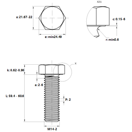 Bulong Mạ Kẽm Trắng Cr3+ 8.8 DIN933 M14x60_drawing