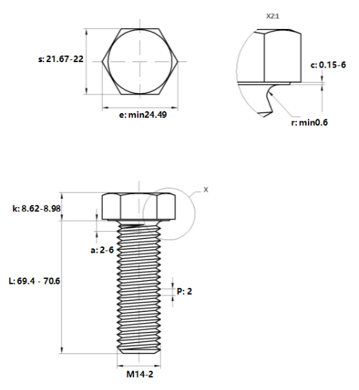 Bulong Mạ Kẽm Trắng Cr3+ 8.8 DIN933 M14x70_drawing