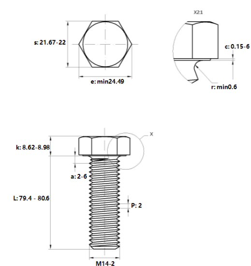 Bulong Mạ Kẽm Trắng Cr3+ 8.8 DIN933 M14x80_drawing